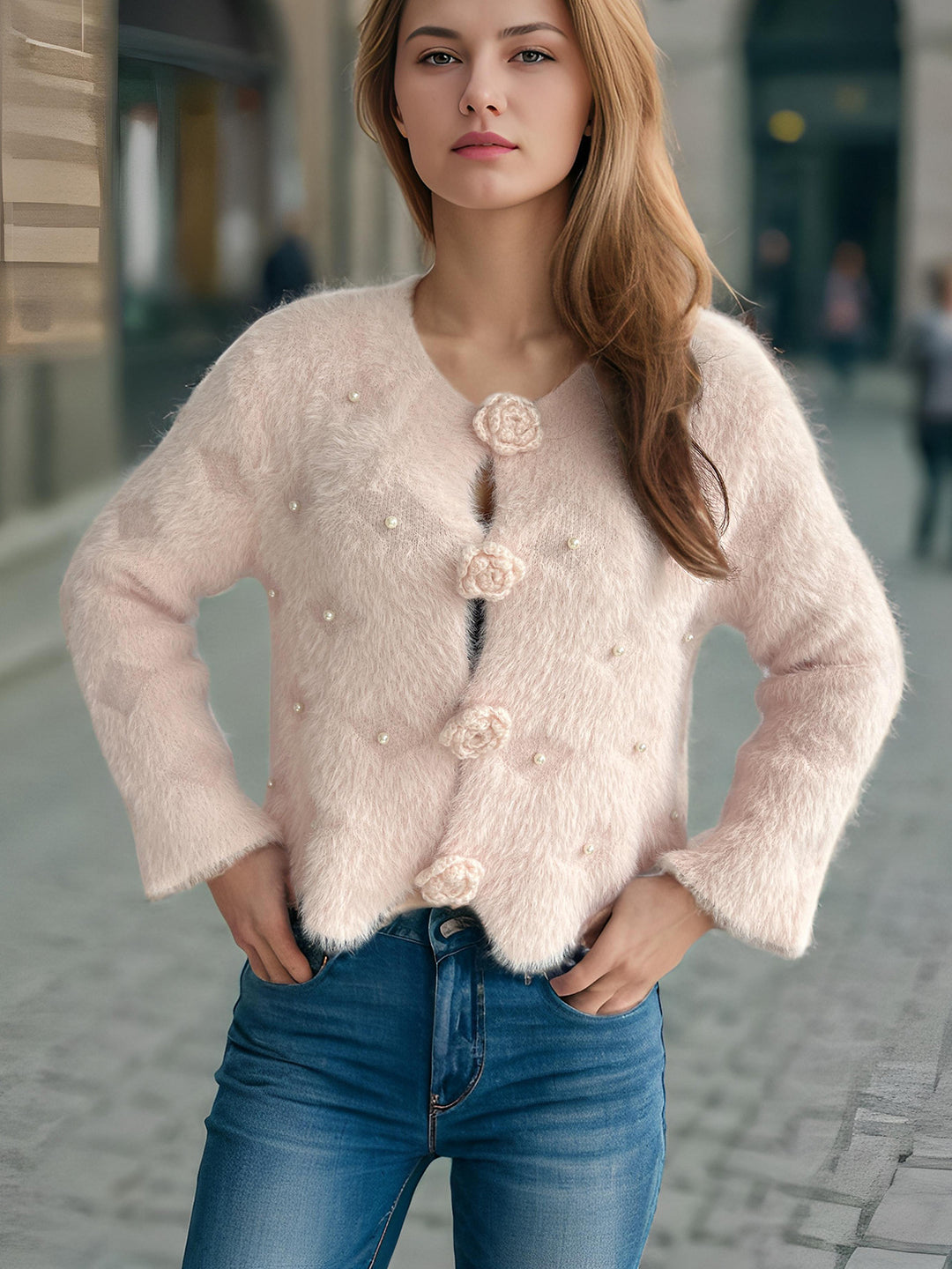Damen Strickjacke mit floralen Applikationen und perlverzierter Detail R&B