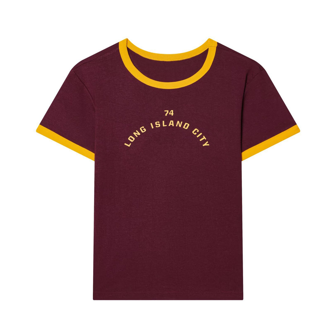 Damen Freizeit T-Shirt mit kontrastierenden Ärmeln und trendigem Schriftzug R&B