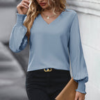 Damen Bluse mit V-Ausschnitt und raffinierter Rüschendetail R&B