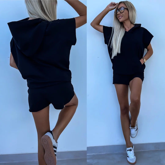 Damen lässiges Shorts- und Kurzarm-Hoodie Set aus atmungsaktivem Material R&B