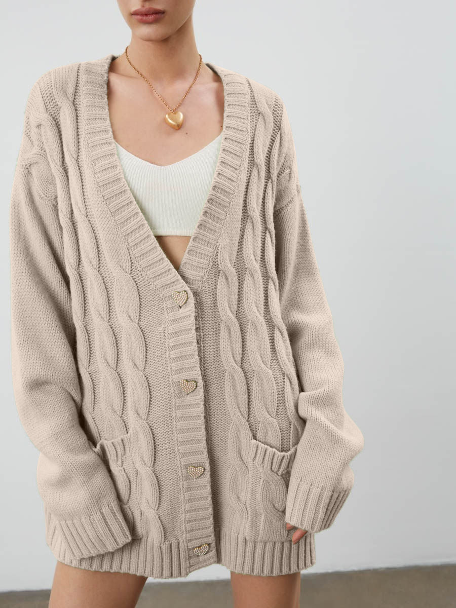 Damen Grobstrick-Cardigan mit herzförmigen Knöpfen und seitlichen Taschen R&B