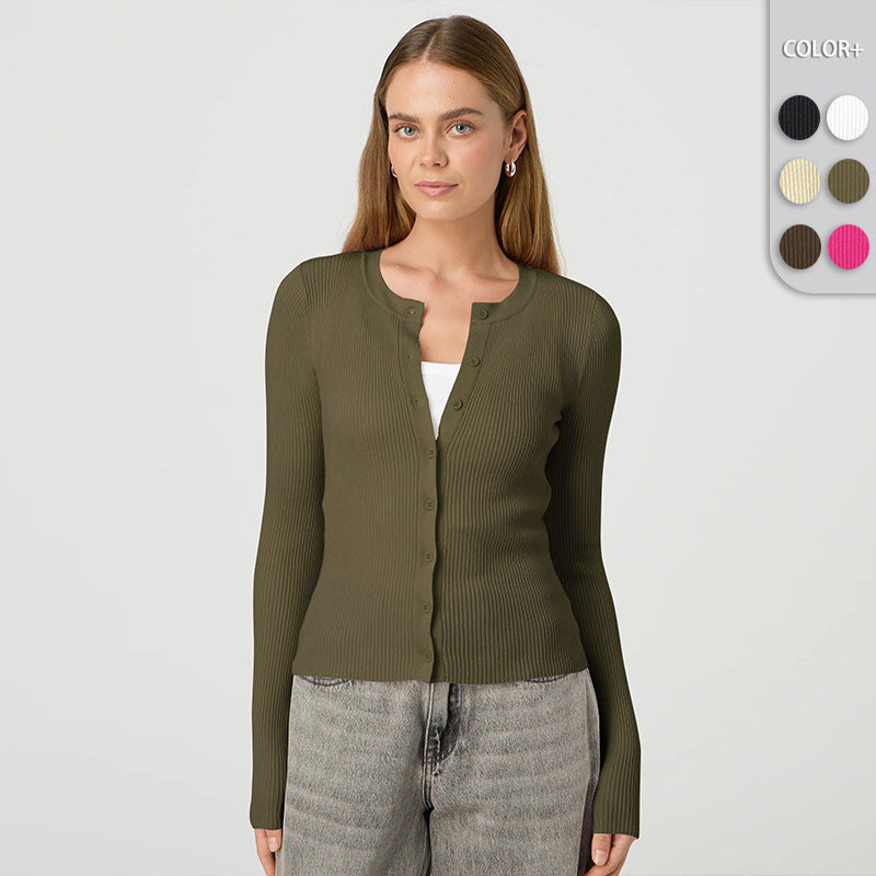 Damen figurbetonte Strickjacke mit Knopfleiste und langen Ärmeln R&B
