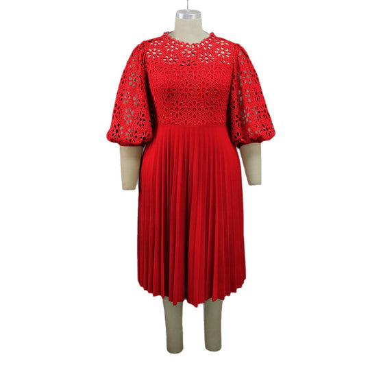 Damen elegantes Midikleid mit Spitzenoberteil und plissiertem Rock R&B