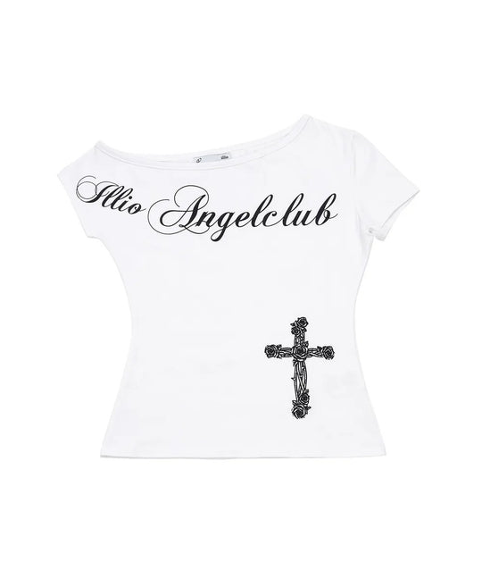Damen Off-Shoulder T-Shirt mit Kreuzmotiv R&B