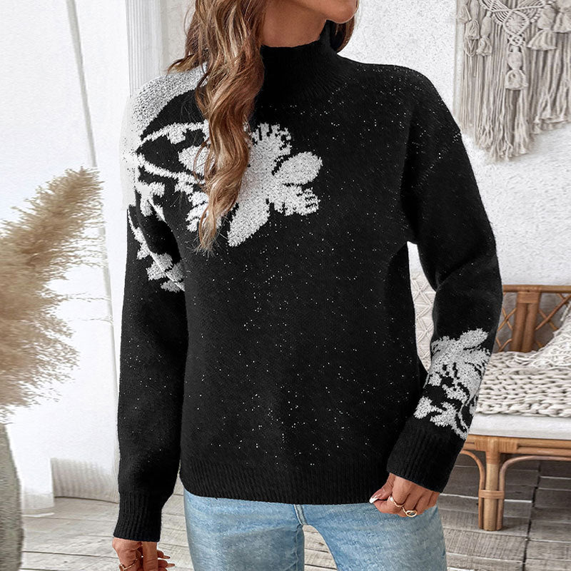 Damen Strickpullover mit floralem Muster und hohem Kragen R&B