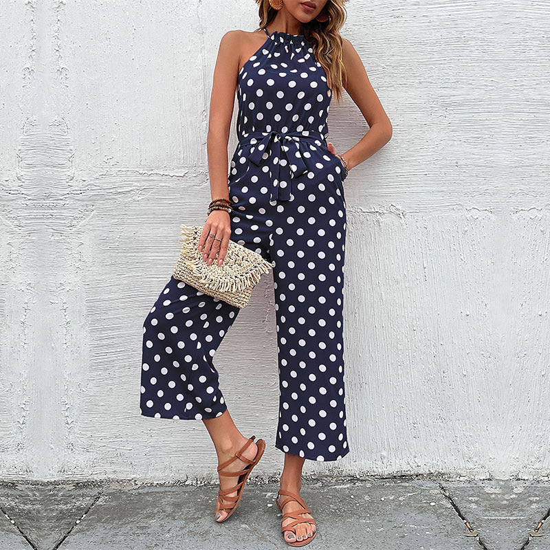 Damen eleganter Jumpsuit mit verstellbarem Bindegürtel und modischem Punkte-Design R&B