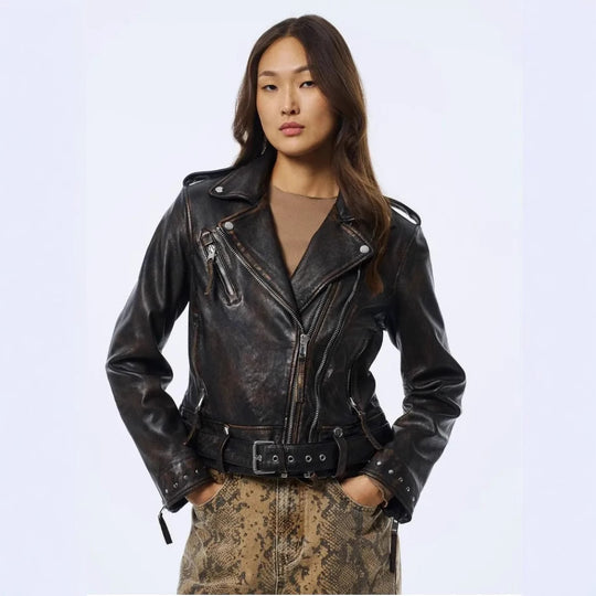 Damen Kunstleder Bikerjacke mit asymmetrischem Reißverschluss R&B