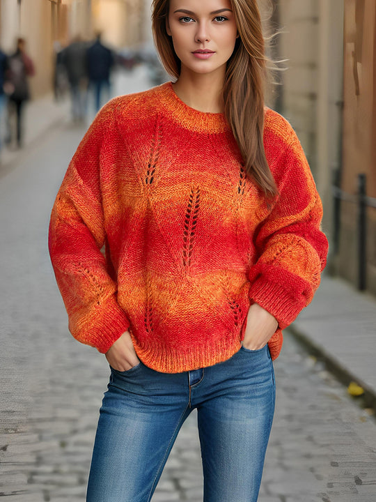 Damen lässiger Strickpullover mit modernem Lochmuster und voluminösen Ärmeln R&B