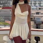Damen elegantes asymmetrisches Mini-Kleid mit dekorativem Schulterband und fließendem Saum R&B
