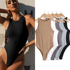 Damen sportlicher Einteiler mit hohen Beinausschnitten und rundem Halsausschnitt R&B