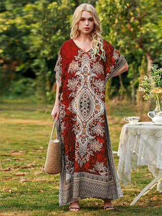Damen Maxikleid mit elegantem floralem Muster und V-Ausschnitt R&B