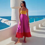 Damen Maxikleid mit farbenfrohem Blockdesign und verstellbaren Spaghettiträgern EB