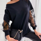Damen eleganter Pullover mit transparenten Spitzenärmeln und asymmetrischem Ausschnitt R&B