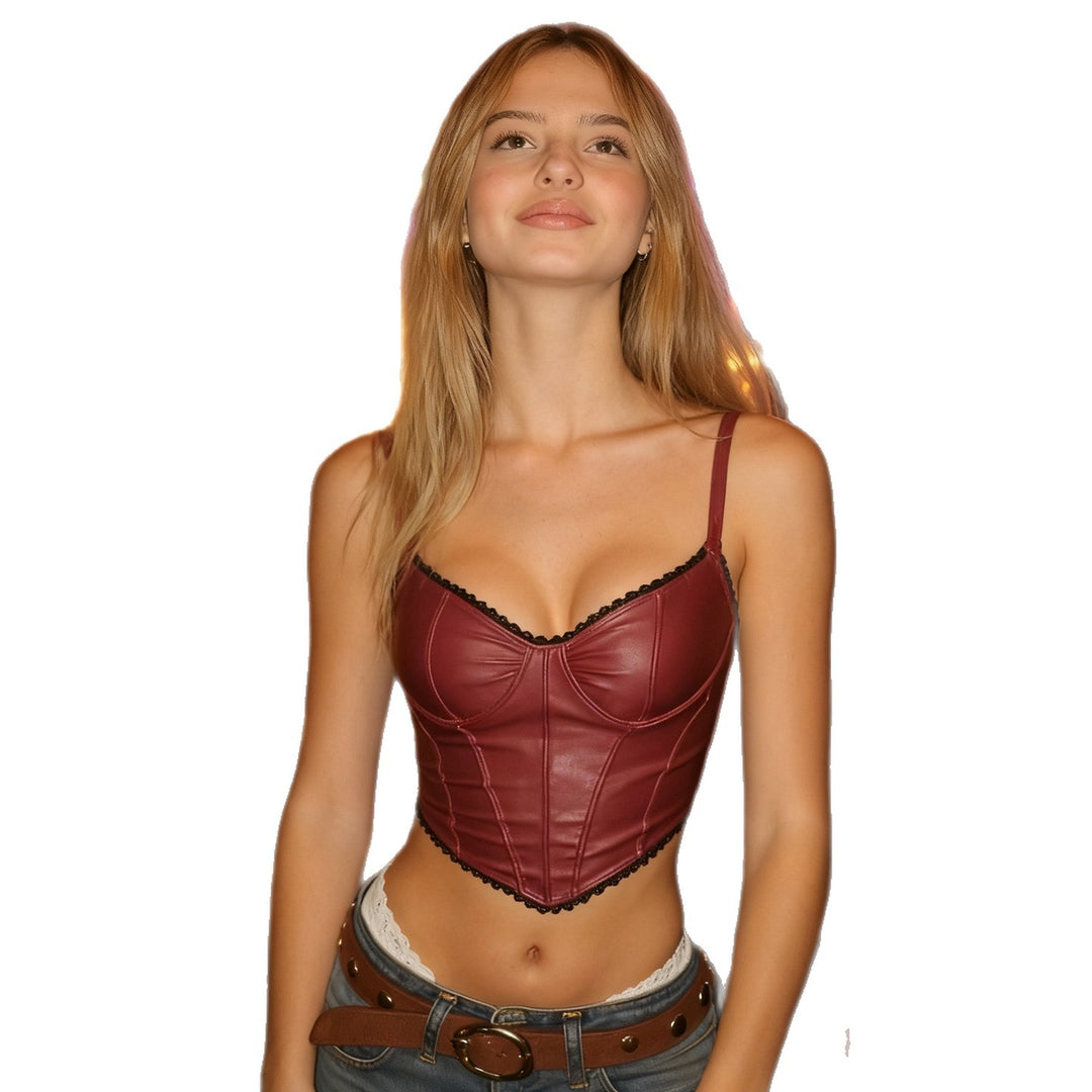 Damen Kunstleder-Corsage-Top mit elegantem Spitzensaum R&B