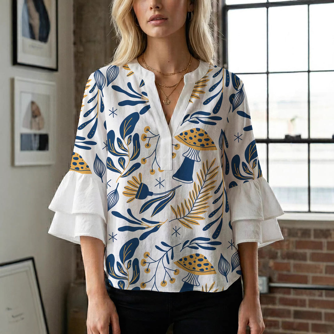 Damen Elegantes Oberteil mit voluminösen Rüchenärmeln und floralem Druck R&B