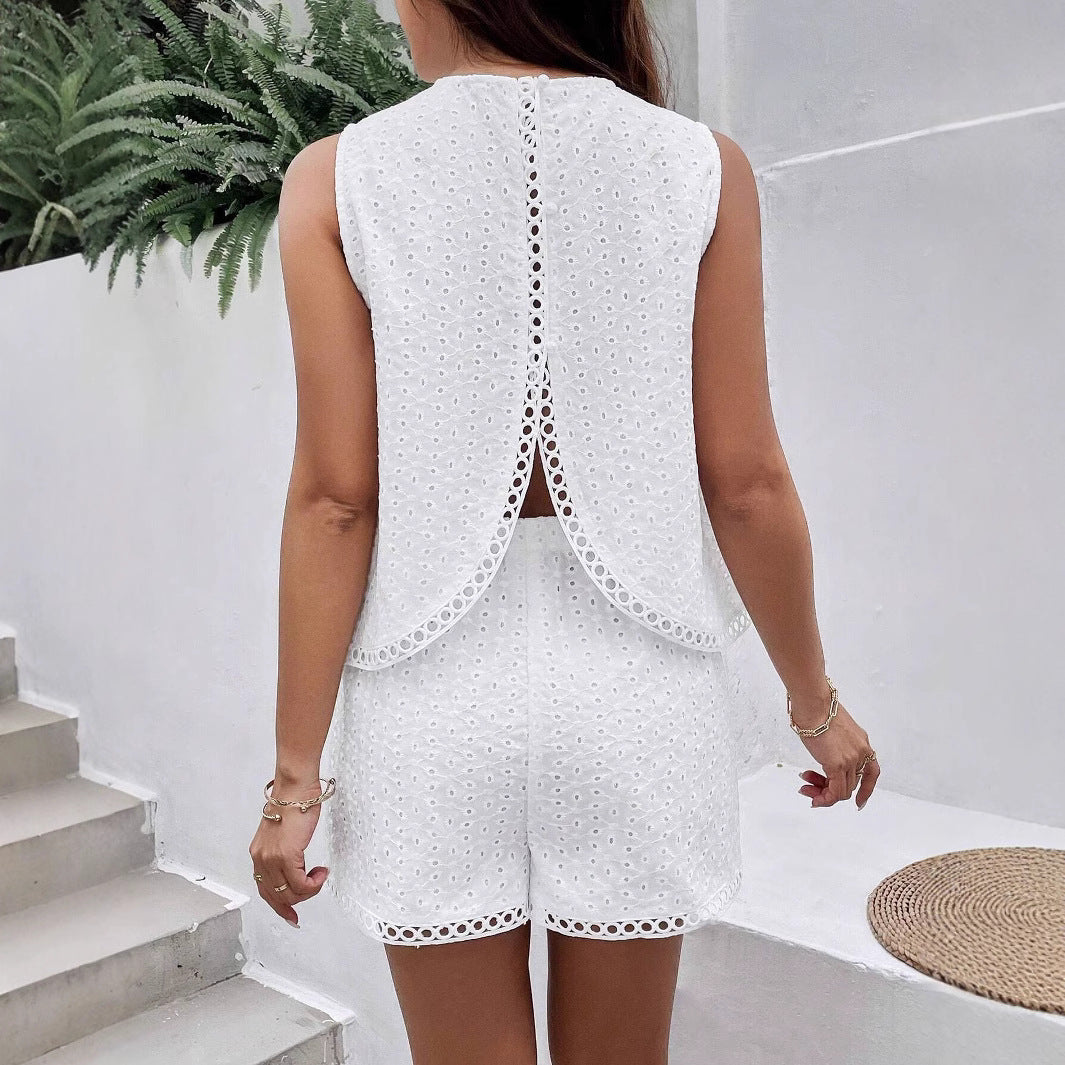 Damen nan ärmelloses Lochstickerei-Zweiteiler mit hochgeschlossenem Top und elastischer Taillenhose R&B