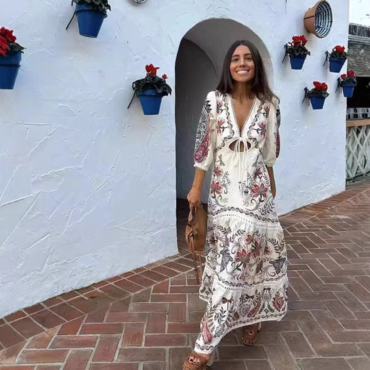 Damen Maxikleid mit floralen Stickereien und V-Ausschnitt R&B
