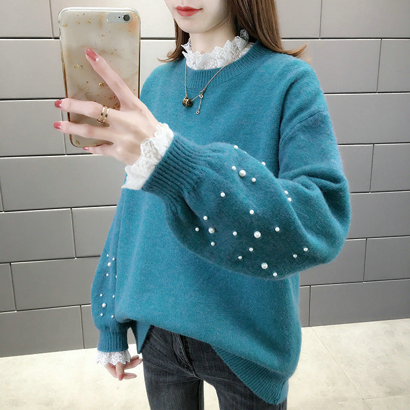 Damen trendiger Strickpullover mit Perlendetails und voluminösen Ärmeln R&B