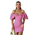 Damen Kurzarm Minikleid mit schulterfreiem Design und Rüschensaum R&B