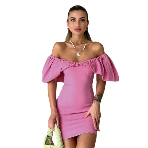 Damen Kurzarm Minikleid mit schulterfreiem Design und Rüschensaum R&B