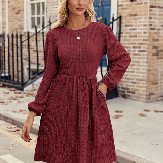 Damen Rippstrick A-Linien Kleid mit Puffärmeln R&B