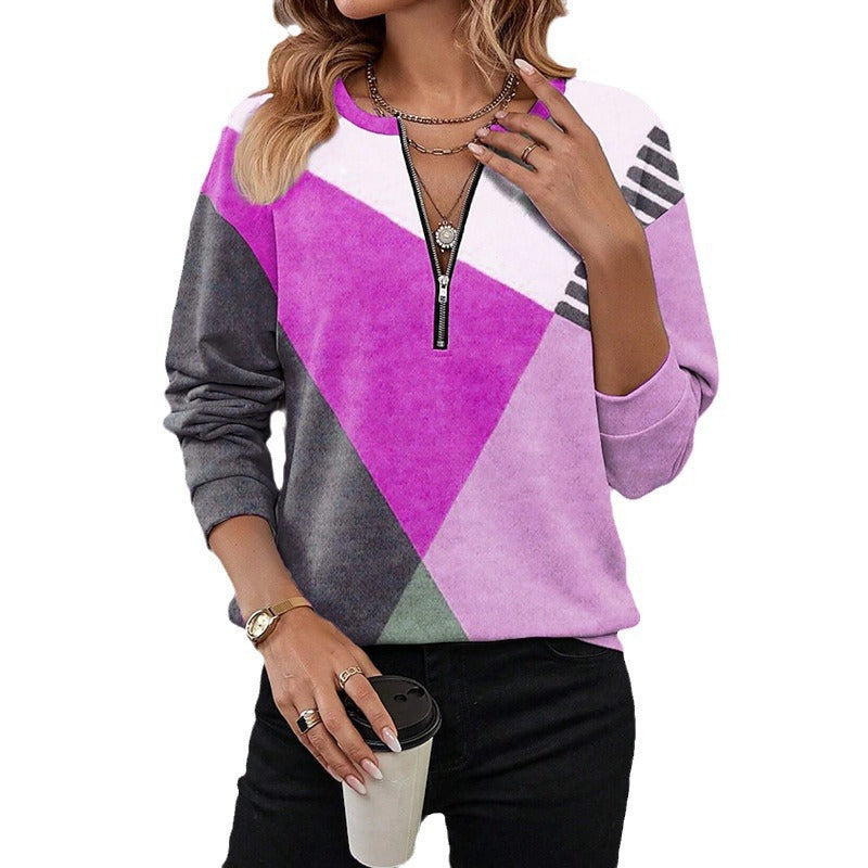 Damen Sportlicher Sweatshirt mit halbem Reißverschluss und trendigem Kontrast-Design R&B