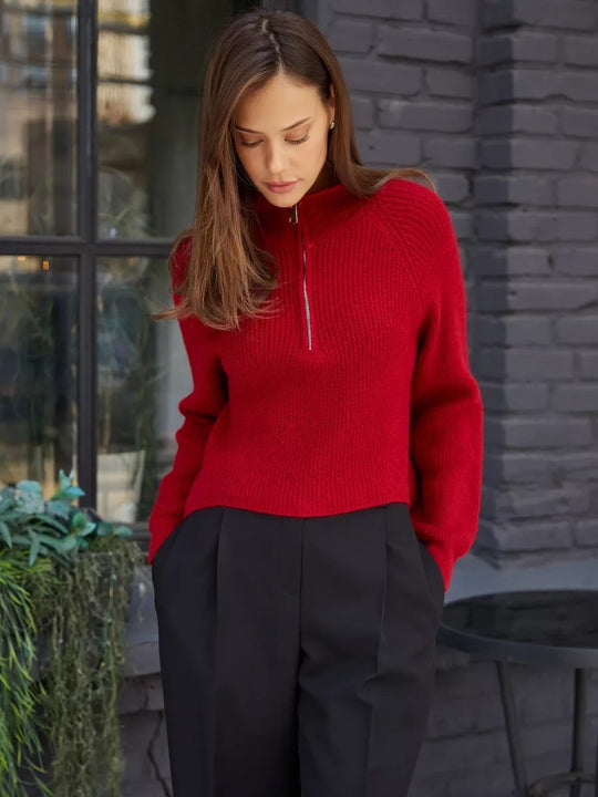 Damen Cozy Pullover mit Kragen und Reißverschluss R&B