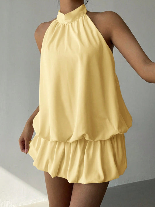 Damen sommerliches Minikleid mit haltem Kragen und asymmetrischem Design R&B