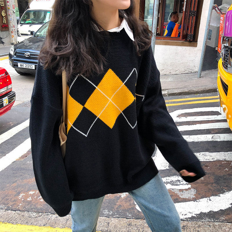 Damen Grobstrickpullover mit modernem Karomuster und lässigem Oversized-Schnitt R&B