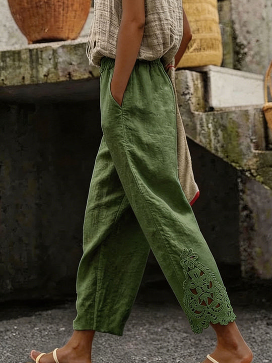 Damen Elegante Leinenhose mit exquisitem Spitzenbesatz R&B