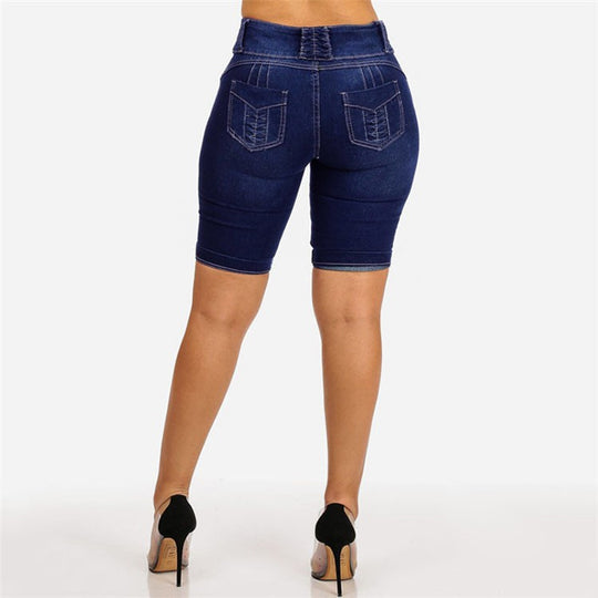 Damen Jeans-Shorts mit hohem Taillenbund und modischen Knopfdetails R&B