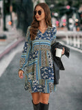 Damen Boho-Minikleid mit langen Ärmeln und buntem Muster R&B
