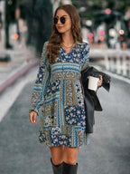 Damen Boho-Minikleid mit langen Ärmeln und buntem Muster R&B