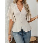Damen Bluse mit fließenden Ärmeln und V-Ausschnitt R&B