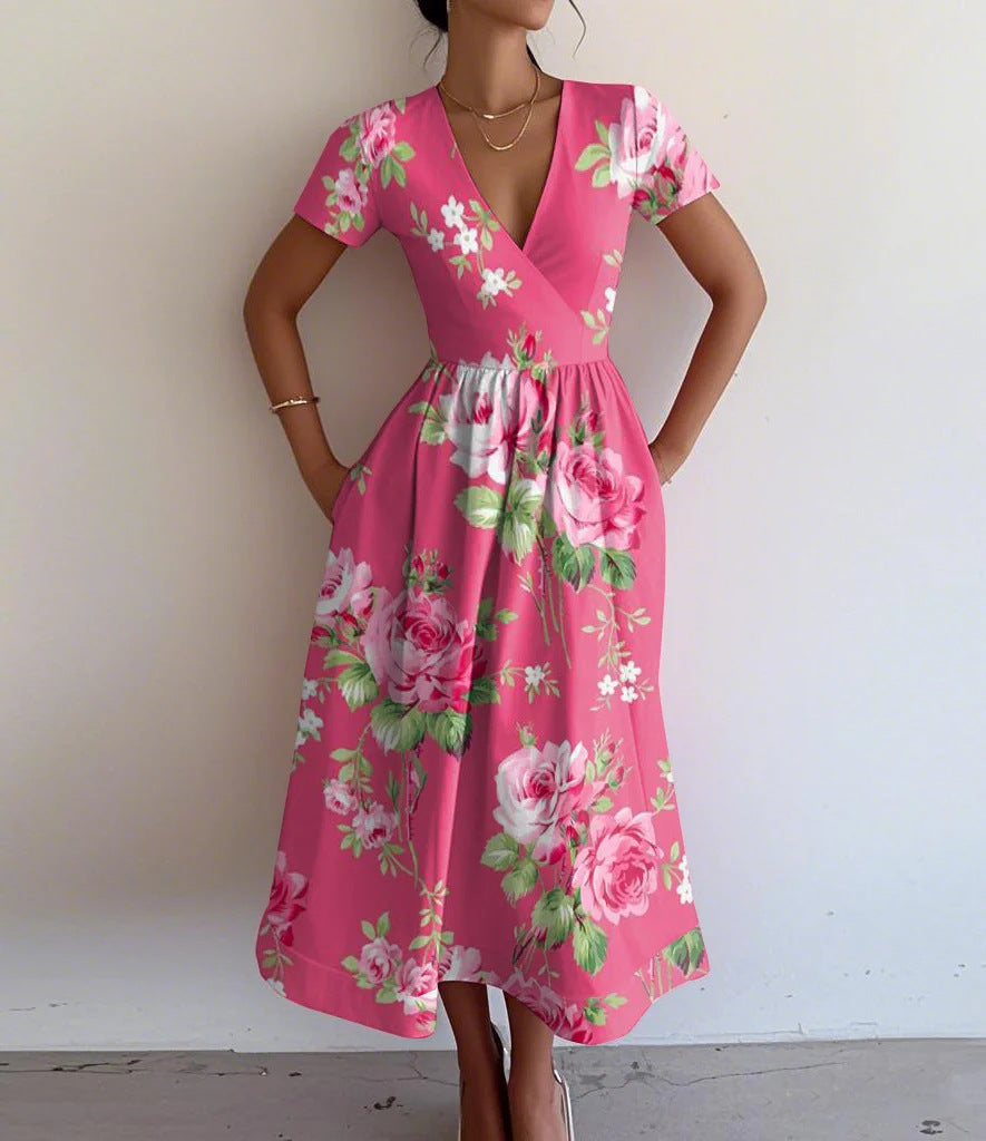 Damen Maxikleid mit tiefem V-Ausschnitt und modischem Streifenmuster R&B