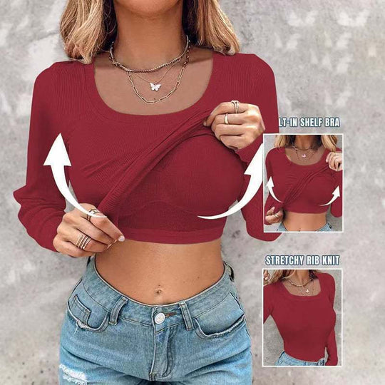 Damen Langarm Crop Top mit eingearbeitetem BH und elastischer Rippenstruktur R&B