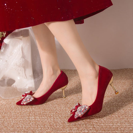 Damen elegante High Heel Pumps mit funkelndem Schleifenakzent R&B
