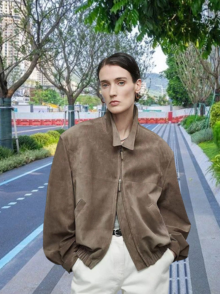 Damen Luxuriöse Wildlederjacke mit elastischem Bund und lässigem Schnitt R&B