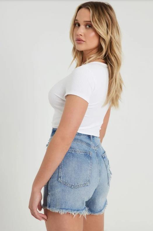 Damen lässige Denim-Shorts mit hohem Bund und ausgefranstem Saum R&B