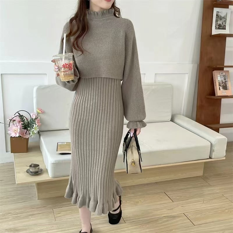 Damen Strickkleid mit hochgeschlossenem Kragen und Rippstruktur R&B
