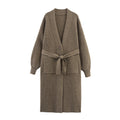 Damen Lange Strickjacke mit Gürtel und Taschen R&B