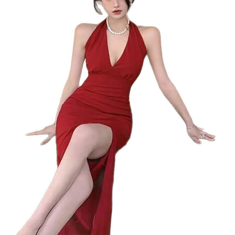 Damen elegantes Maxikleid mit tiefem V-Ausschnitt und seitlichem Schlitz
