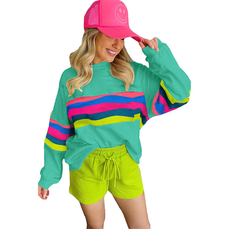 Damen Lässiges Oversized-Sweatshirt mit Bunten Streifen und Tieferem Rundhalsausschnitt R&B