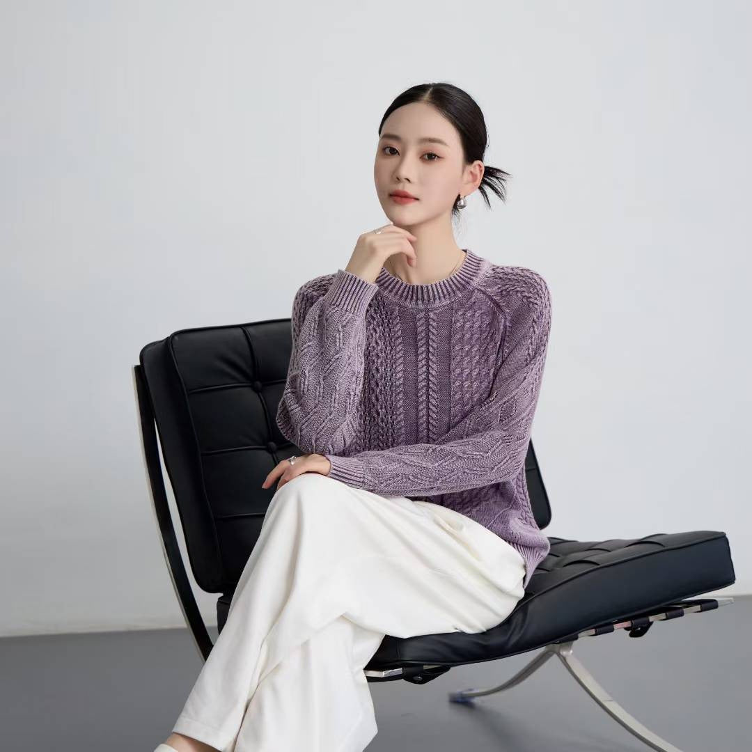 Damen Grob gestrickter Pullover mit Zopfmuster und lässigem Schnitt