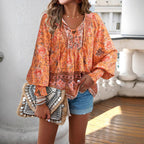 Damen Boho-Bluse mit Schleifenverzierung und floralen Mustern R&B