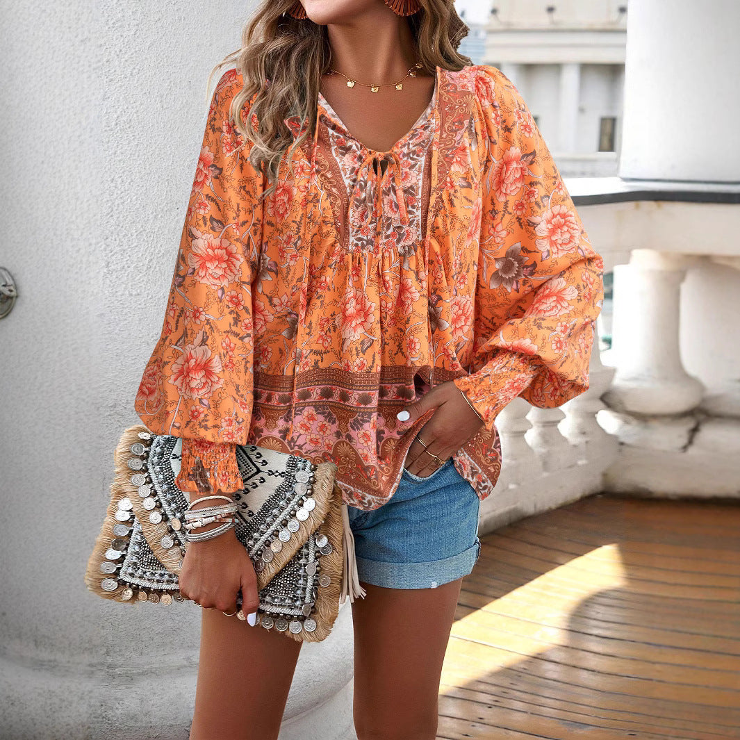 Damen Boho-Bluse mit Schleifenverzierung und floralen Mustern R&B