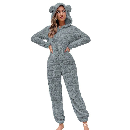 Damen Gemütlicher Fleece-Overall mit Kapuze R&B