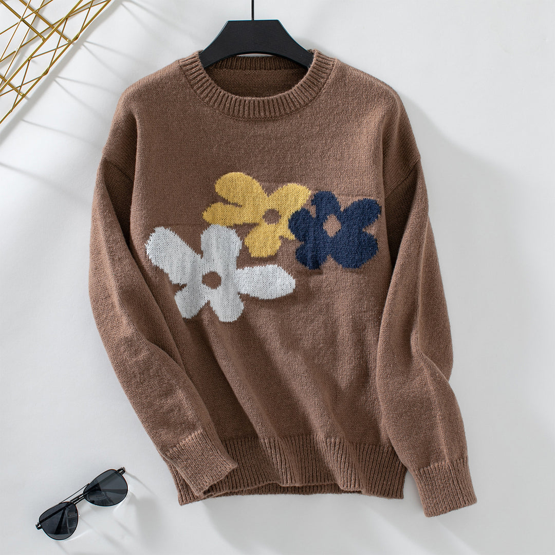 Damen lässiger Pullover mit floralen Motiven und Rundkragen R&B