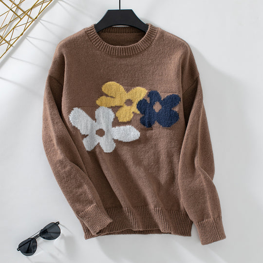 Damen lässiger Pullover mit floralen Motiven und Rundkragen R&B