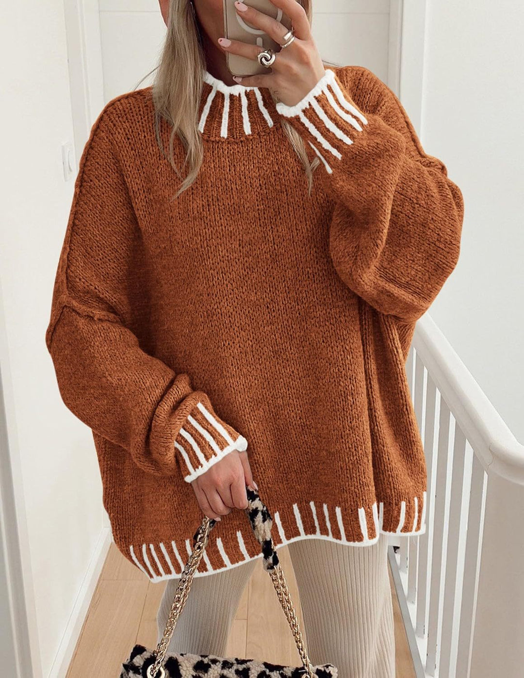 Damen lässiger Grobstrickpullover mit modernem Streifenmuster R&B